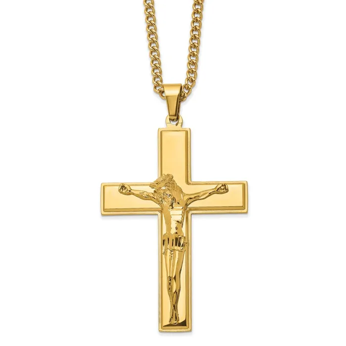 Necklaces Chisel Stainless Steel Polished Yellow IPplated Crucifix Pendant on a 24 inch Curb Chain Necklace TreasureFineJewelers Necklaces Chisel Stainless Steel Polished Yellow IPplated Crucifix Pendant on a 24 inch Curb Chain Necklace TreasureFineJewelers