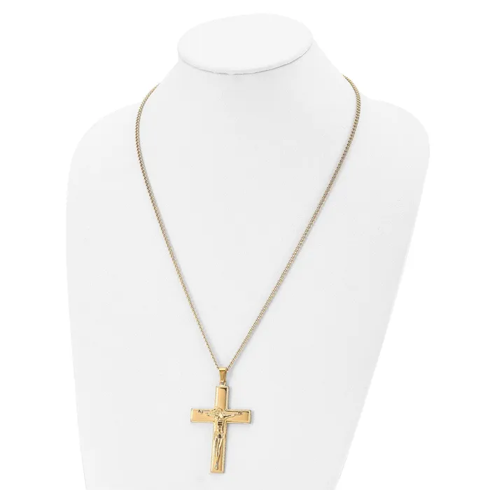 Necklaces Chisel Stainless Steel Polished Yellow IPplated Crucifix Pendant on a 24 inch Curb Chain Necklace TreasureFineJewelers