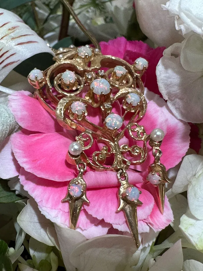 Necklaces ONeills Estate Jewelry 14 Karat Yellow Gold Opal Seed Pearl and Diamond Necklace 23000612 Necklaces ONeills Estate Jewelry 14 Karat Yellow Gold Opal Seed Pearl and Diamond Necklace 23000612