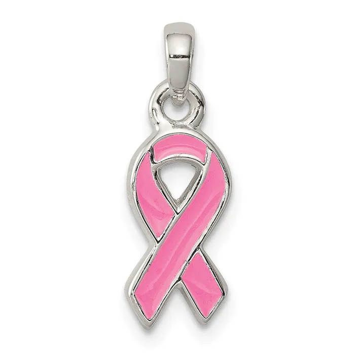 Necklaces Sterling Silver Polished Pink Enameled Ribbon Pendant TreasureFineJewelers Necklaces Sterling Silver Polished Pink Enameled Ribbon Pendant TreasureFineJewelers