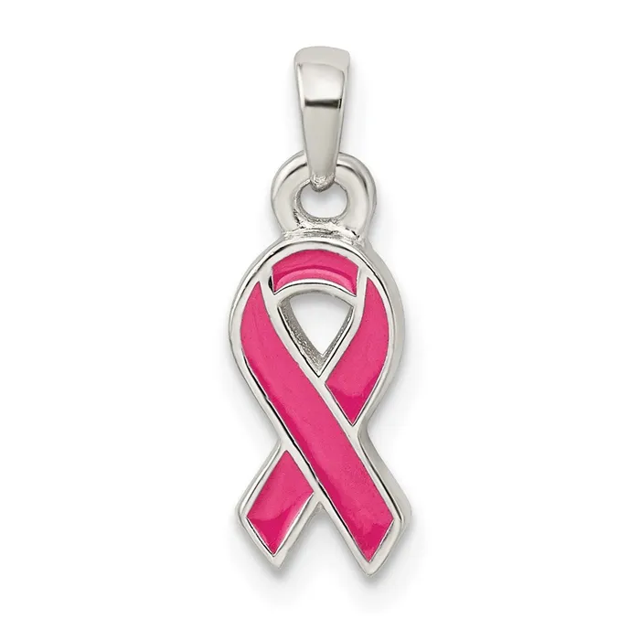 Necklaces Sterling Silver Polished Pink Enameled Ribbon Pendant TreasureFineJewelers
