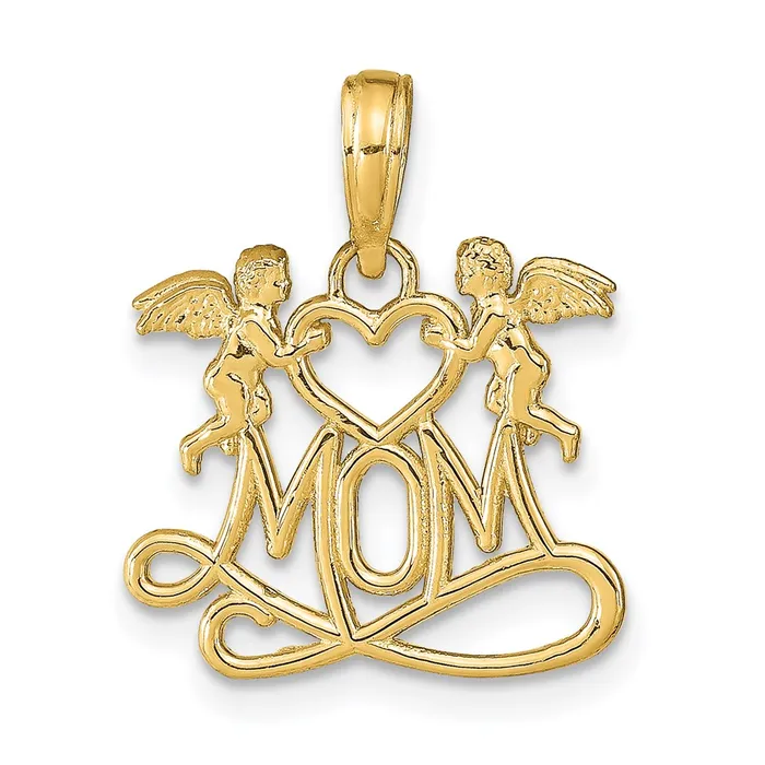 Necklaces TreasureFineJewelers 14K Polished MOM wHeart and Angels Pendant Necklaces TreasureFineJewelers 14K Polished MOM wHeart and Angels Pendant