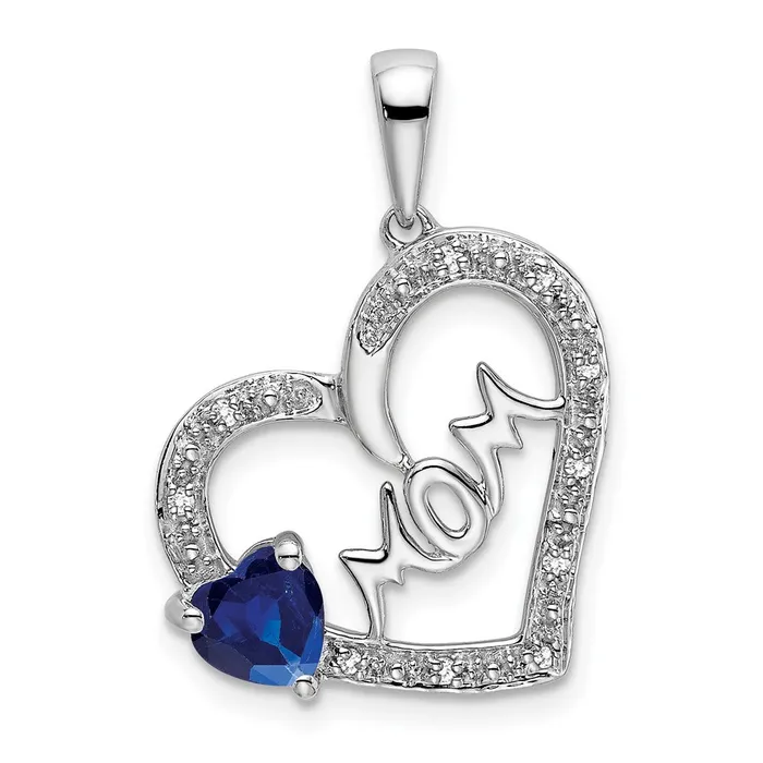 Necklaces TreasureFineJewelers 14k White Gold Sapphire and Diamond MOM Heart Pendant Necklaces TreasureFineJewelers 14k White Gold Sapphire and Diamond MOM Heart Pendant