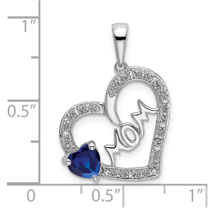 Necklaces TreasureFineJewelers 14k White Gold Sapphire and Diamond MOM Heart Pendant