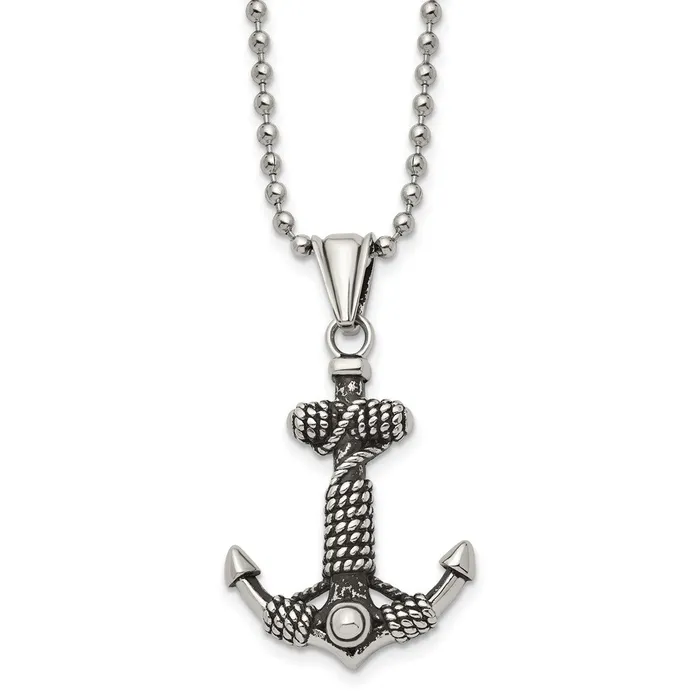 Necklaces TreasureFineJewelers Chisel Stainless Steel Antiqued and Polished Anchor with Rope Pendant on a 24 inch Ball Chain Necklace Necklaces TreasureFineJewelers Chisel Stainless Steel Antiqued and Polished Anchor with Rope Pendant on a 24 inch Ball Chain Necklace