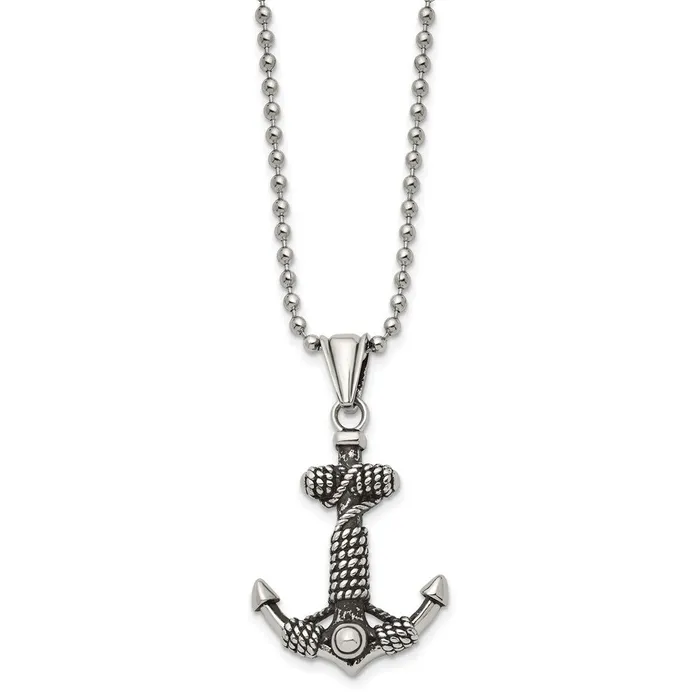 Necklaces TreasureFineJewelers Chisel Stainless Steel Antiqued and Polished Anchor with Rope Pendant on a 24 inch Ball Chain Necklace