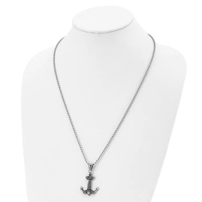 Necklaces TreasureFineJewelers Chisel Stainless Steel Antiqued and Polished Anchor with Rope Pendant on a 24 inch Ball Chain Necklace