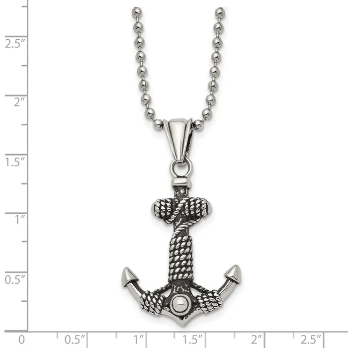 Necklaces TreasureFineJewelers Chisel Stainless Steel Antiqued and Polished Anchor with Rope Pendant on a 24 inch Ball Chain Necklace
