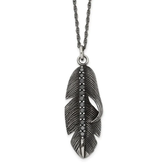 Necklaces TreasureFineJewelers Stainless Steel Antiqued Polished wBlack CZ Feather 20in Necklace