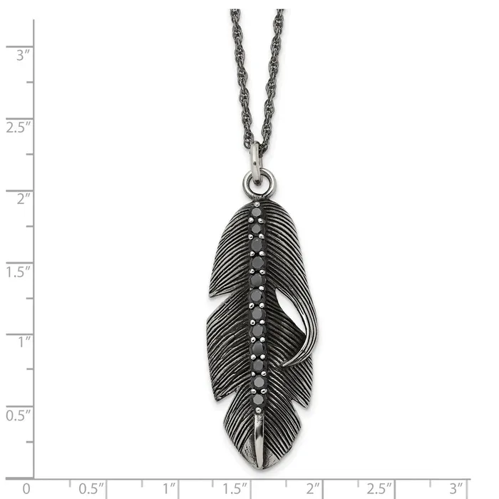 Necklaces TreasureFineJewelers Stainless Steel Antiqued Polished wBlack CZ Feather 20in Necklace