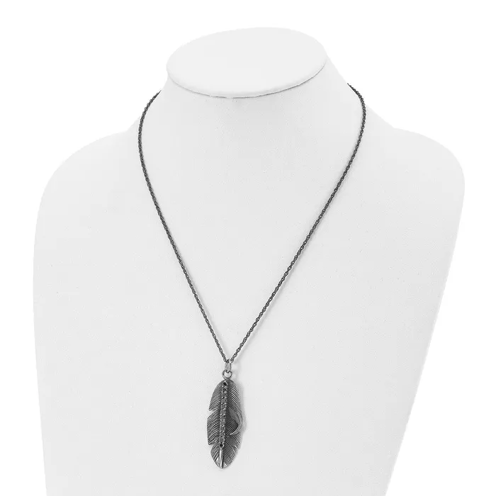 Necklaces TreasureFineJewelers Stainless Steel Antiqued Polished wBlack CZ Feather 20in Necklace