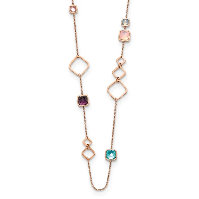 Necklaces TreasureFineJewelers Stainless Steel Polished Rose IP Multicolor Crystal w275in ext Necklace Necklaces TreasureFineJewelers Stainless Steel Polished Rose IP Multicolor Crystal w275in ext Necklace