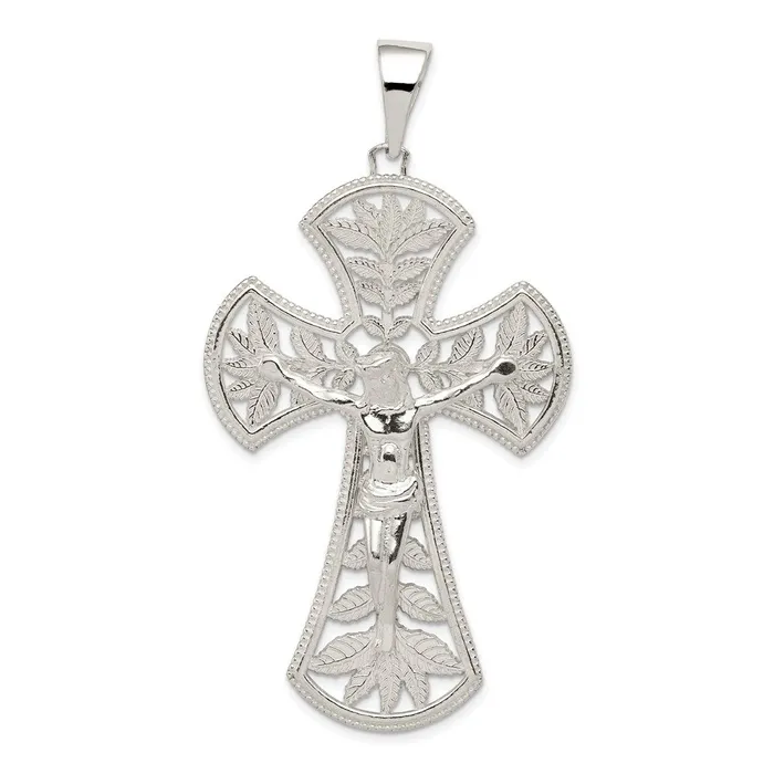 Necklaces TreasureFineJewelers Sterling Silver Polished Leaf Large INRI Crucifix Pendant Necklaces TreasureFineJewelers Sterling Silver Polished Leaf Large INRI Crucifix Pendant