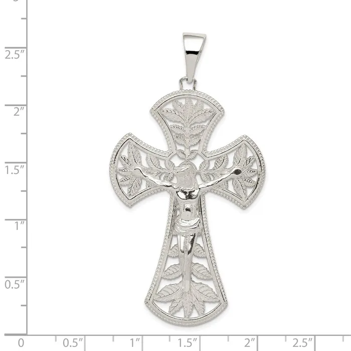 Necklaces TreasureFineJewelers Sterling Silver Polished Leaf Large INRI Crucifix Pendant