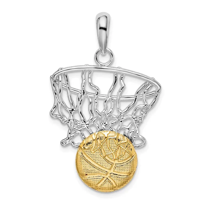 Necklaces TreasureFineJewelers Sterling Silver Polished Net w14k Basketball Pendant Necklaces TreasureFineJewelers Sterling Silver Polished Net w14k Basketball Pendant