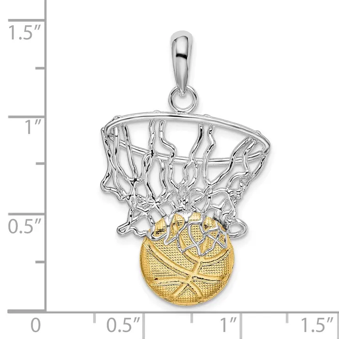 Necklaces TreasureFineJewelers Sterling Silver Polished Net w14k Basketball Pendant
