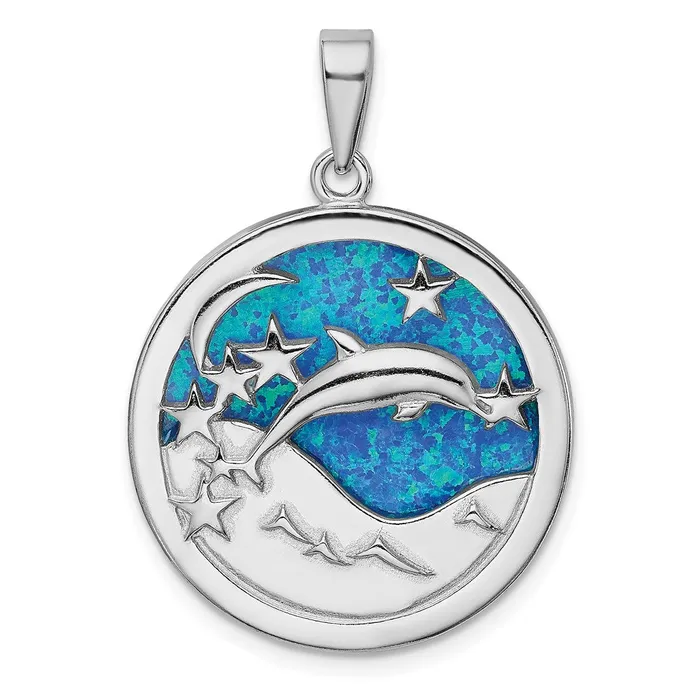 Necklaces TreasureFineJewelers Sterling Silver Rhodplated Blue Created Opal Dolphins Pendant Necklaces TreasureFineJewelers Sterling Silver Rhodplated Blue Created Opal Dolphins Pendant