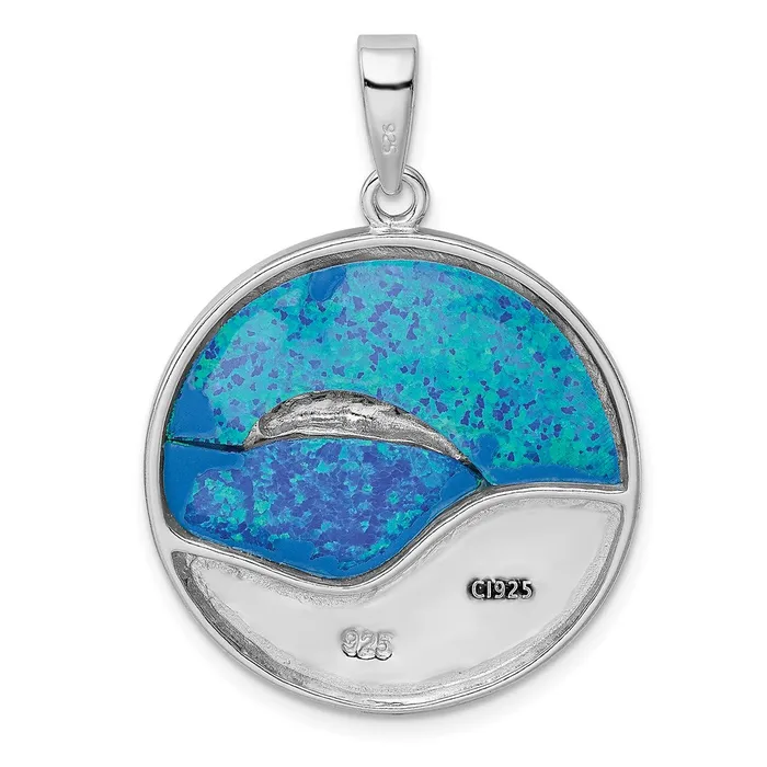 Necklaces TreasureFineJewelers Sterling Silver Rhodplated Blue Created Opal Dolphins Pendant