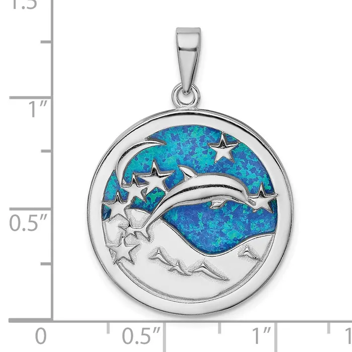 Necklaces TreasureFineJewelers Sterling Silver Rhodplated Blue Created Opal Dolphins Pendant