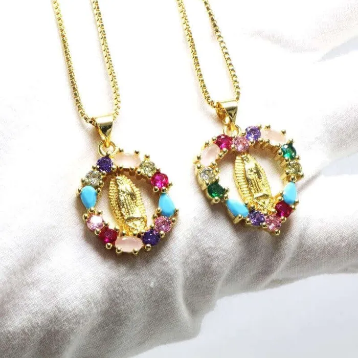 Necklaces Trendolla Jewelry Oval Heartshaped Colored Zirconia Virgin Mary Virgencita Necklace