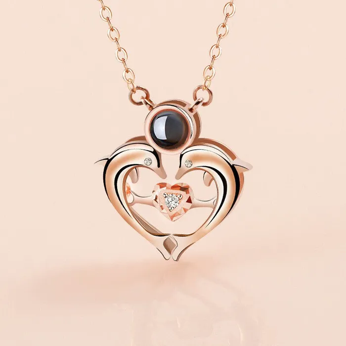 Necklaces Trendolla Jewelry Trendolla Heart Style Dolphin Pendant Necklace with Picture Inside