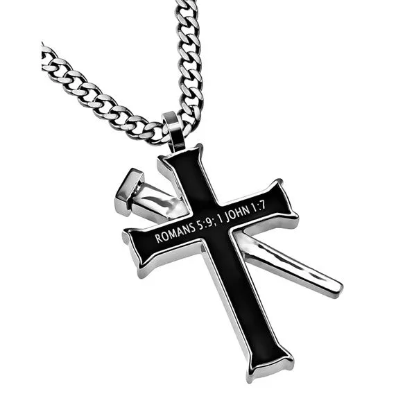 North Arrow Shop Necklaces ROMANS 59 1 JOHN 17 Black Cross and Nail Necklace with Bible Verse Stainless Steel Curb Chain North Arrow Shop Necklaces ROMANS 59 1 JOHN 17 Black Cross and Nail Necklace with Bible Verse Stainless Steel Curb Chain