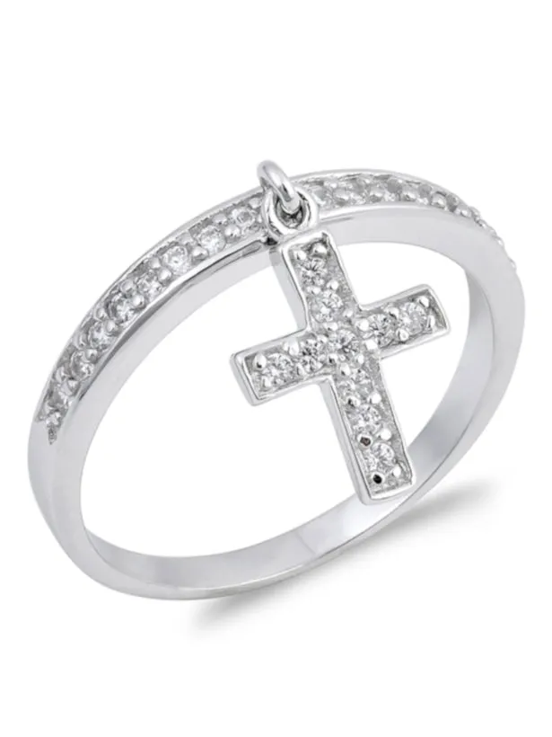 North Arrow Shop Rings Dangling Cross Ring with Clear CZ Stones 925 Sterling Silver with Gift Box
