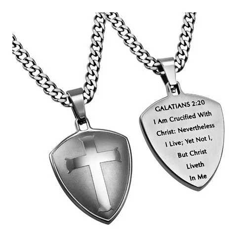 North Arrow Shop Shield of Faith Necklace Crucified With Christ Bible Verse Steel Curb Chain Necklaces North Arrow Shop Shield of Faith Necklace Crucified With Christ Bible Verse Steel Curb Chain Necklaces