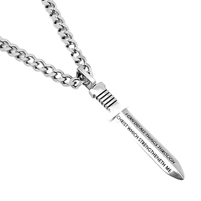 PHILIPPIANS 413 Sword Necklace Bible Verse with Steel Curb Chain North Arrow Shop Necklaces PHILIPPIANS 413 Sword Necklace Bible Verse with Steel Curb Chain North Arrow Shop Necklaces