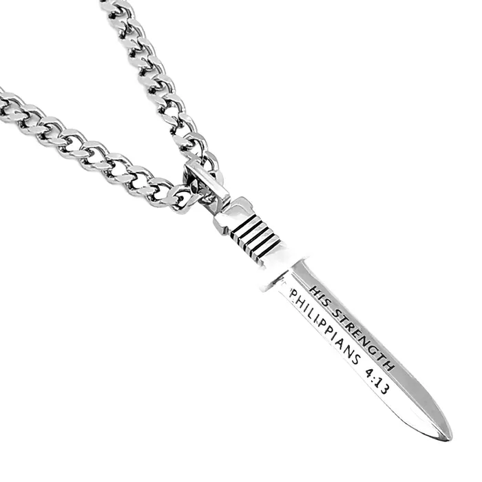 PHILIPPIANS 413 Sword Necklace Bible Verse with Steel Curb Chain North Arrow Shop Necklaces PHILIPPIANS 413 Sword Necklace Bible Verse with Steel Curb Chain North Arrow Shop Necklaces
