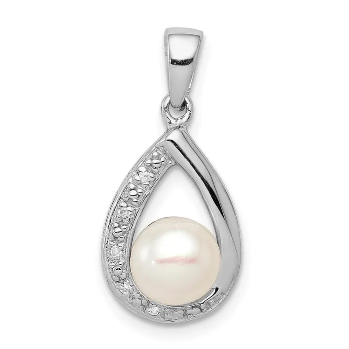 Sterling Silver Rhodium FW Cultured Pearl Diamond Pendant TreasureFineJewelers Necklaces Sterling Silver Rhodium FW Cultured Pearl Diamond Pendant TreasureFineJewelers Necklaces