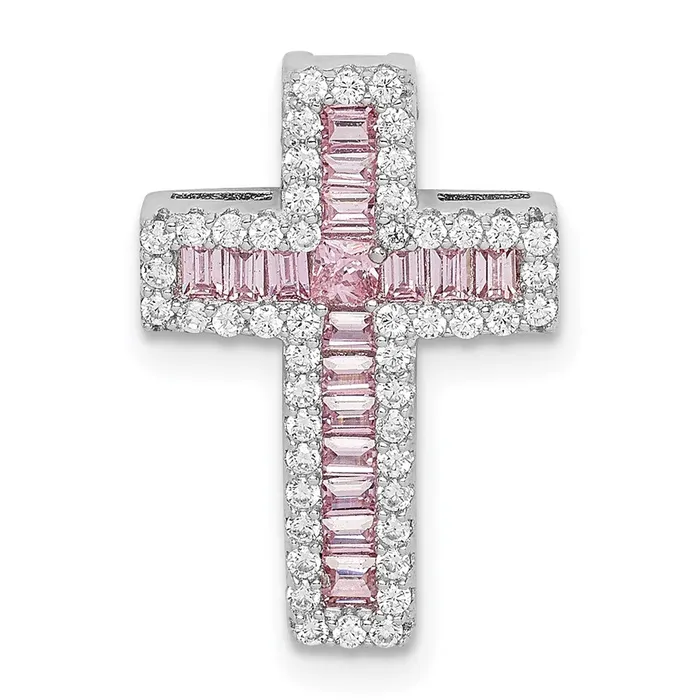 Sterling Silver Rhodiumplated Pink White CZ Cross Chain Slide TreasureFineJewelers Necklaces Sterling Silver Rhodiumplated Pink White CZ Cross Chain Slide TreasureFineJewelers Necklaces