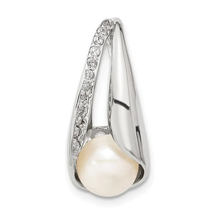 Sterling Silver wCZ 78mm FW Cultured Button Pearl Pendant TreasureFineJewelers Necklaces Sterling Silver wCZ 78mm FW Cultured Button Pearl Pendant TreasureFineJewelers Necklaces