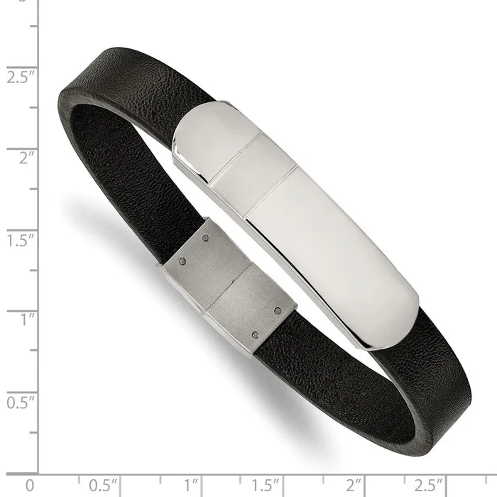 TreasureFineJewelers Bracelets Chisel Stainless Steel Brushed and Polished Black Leather 85 inch ID Bracelet