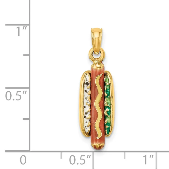 TreasureFineJewelers Charm Necklaces 14k Yellow Gold 3D Enamel Hot Dog w Bun Charm