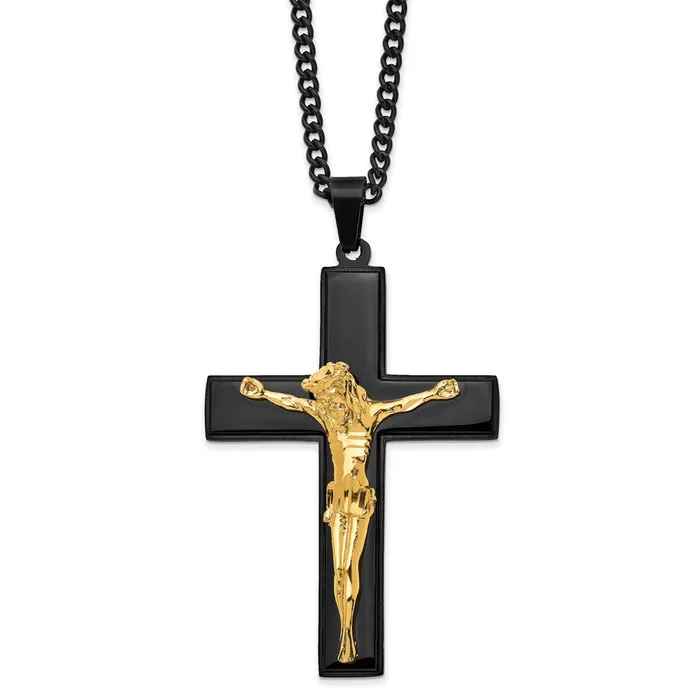 TreasureFineJewelers Chisel Stainless Steel Polished Black and Yellow IPplated Crucifix Pendant on a 24 inch Curb Chain Necklace Necklaces TreasureFineJewelers Chisel Stainless Steel Polished Black and Yellow IPplated Crucifix Pendant on a 24 inch Curb Chain Necklace Necklaces