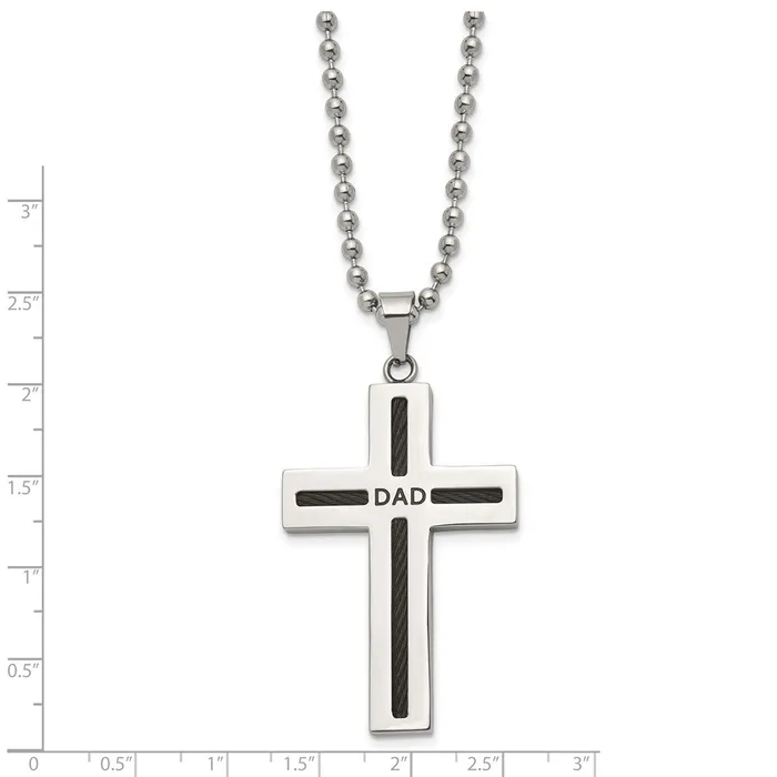 TreasureFineJewelers Chisel Stainless Steel Polished Black IPplated Cable DAD Cross Pendant on a 24 inch Ball Chain Necklace Necklaces