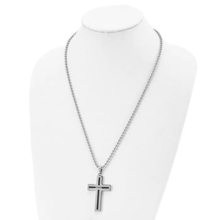 TreasureFineJewelers Chisel Stainless Steel Polished Black IPplated Cable DAD Cross Pendant on a 24 inch Ball Chain Necklace Necklaces