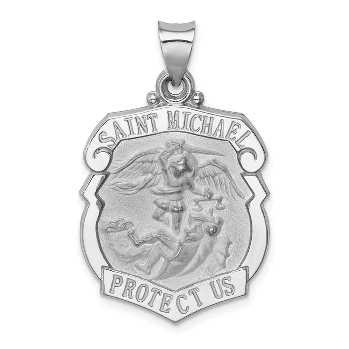 TreasureFineJewelers Necklaces 14K White Gold PolishSatin St Michael Badge Medal Hollow Pendant TreasureFineJewelers Necklaces 14K White Gold PolishSatin St Michael Badge Medal Hollow Pendant