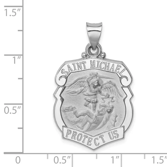 TreasureFineJewelers Necklaces 14K White Gold PolishSatin St Michael Badge Medal Hollow Pendant