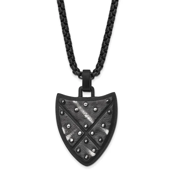 TreasureFineJewelers Necklaces Chisel Stainless Steel Antiqued and Brushed Black IPplated Shield Pendant on a 24 inch Box Chain Necklace TreasureFineJewelers Necklaces Chisel Stainless Steel Antiqued and Brushed Black IPplated Shield Pendant on a 24 inch Box Chain Necklace