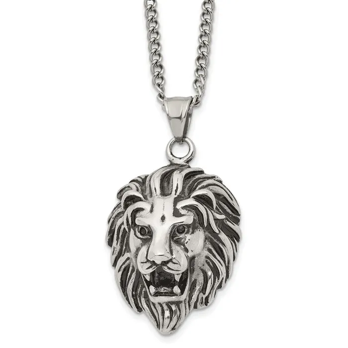 TreasureFineJewelers Necklaces Chisel Stainless Steel Antiqued and Polished Small Lion Head Pendant on a 24 inch Curb Chain Necklace TreasureFineJewelers Necklaces Chisel Stainless Steel Antiqued and Polished Small Lion Head Pendant on a 24 inch Curb Chain Necklace