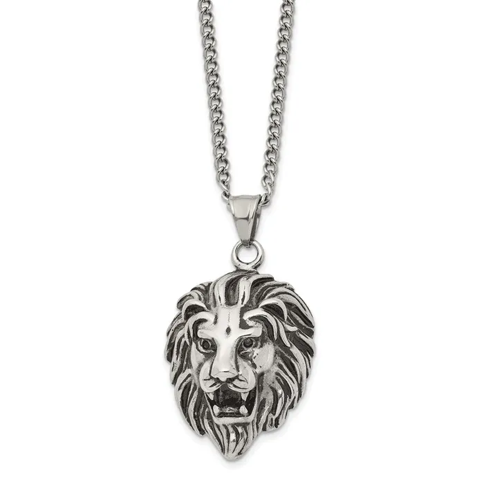 TreasureFineJewelers Necklaces Chisel Stainless Steel Antiqued and Polished Small Lion Head Pendant on a 24 inch Curb Chain Necklace
