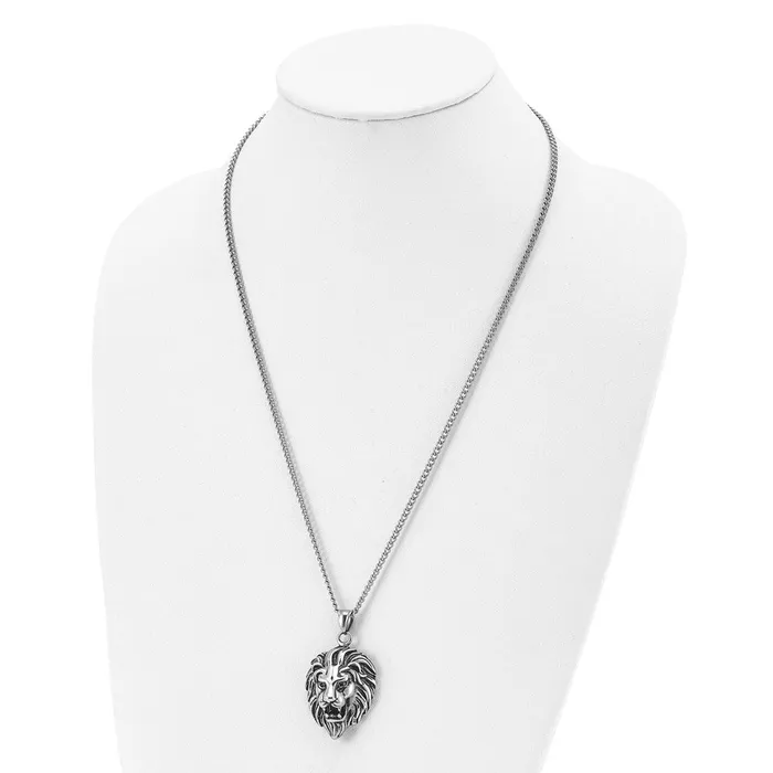 TreasureFineJewelers Necklaces Chisel Stainless Steel Antiqued and Polished Small Lion Head Pendant on a 24 inch Curb Chain Necklace