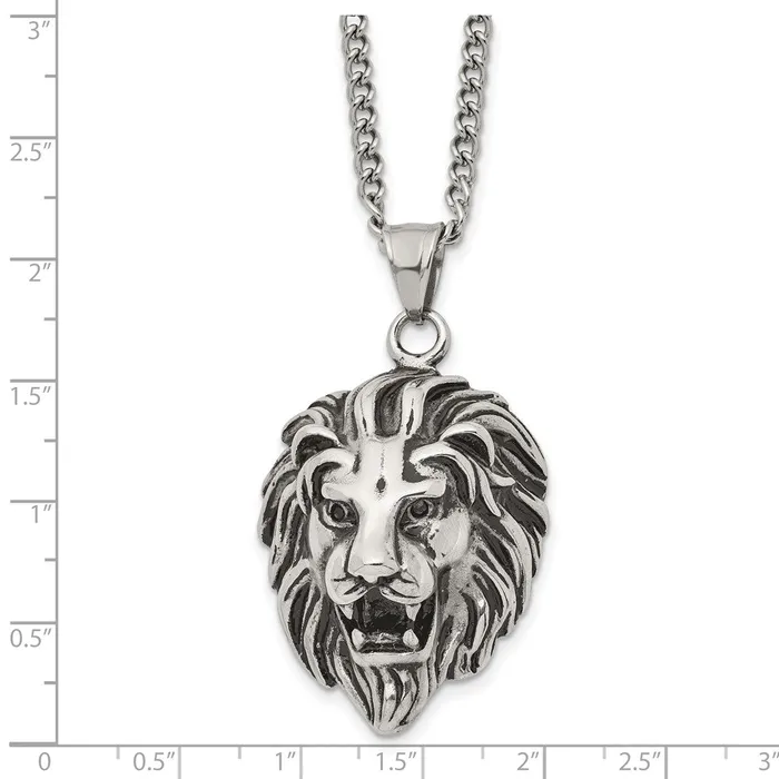 TreasureFineJewelers Necklaces Chisel Stainless Steel Antiqued and Polished Small Lion Head Pendant on a 24 inch Curb Chain Necklace