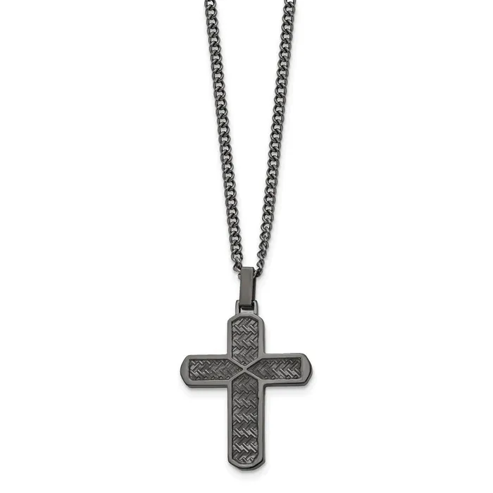 TreasureFineJewelers Necklaces Chisel Stainless Steel Polished and Textured Gun Metal IPplated Cross Pendant on a 22 inch Curb Chain Necklace