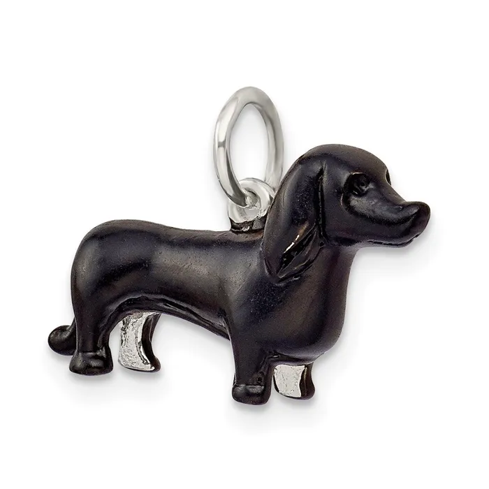 TreasureFineJewelers Necklaces Sterling Silver Black Enamel Dachshund Pendant