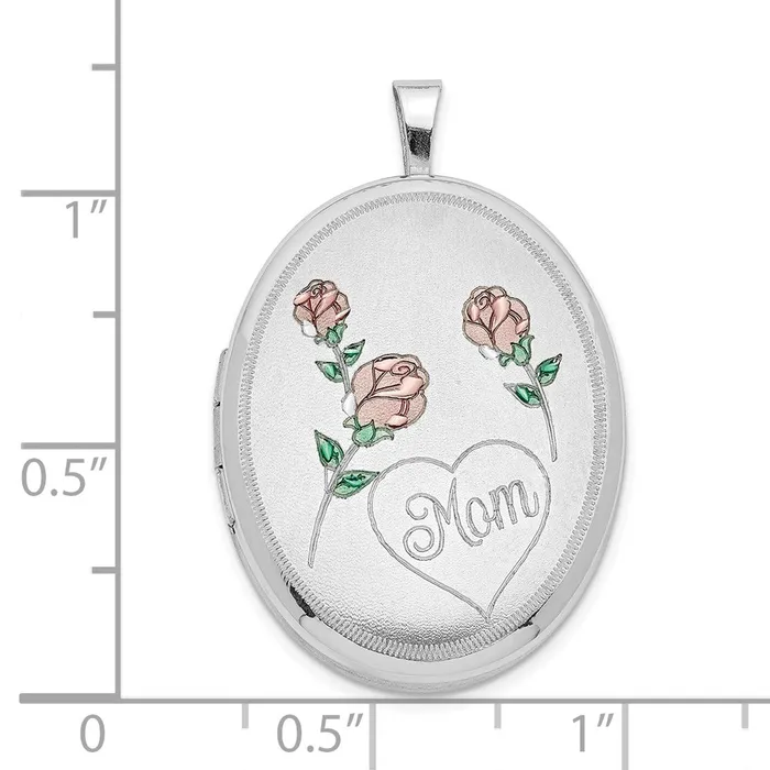 TreasureFineJewelers Rings Sterling Silver RH 26mm SatinPolished Enameled Roses Mom Oval Locket