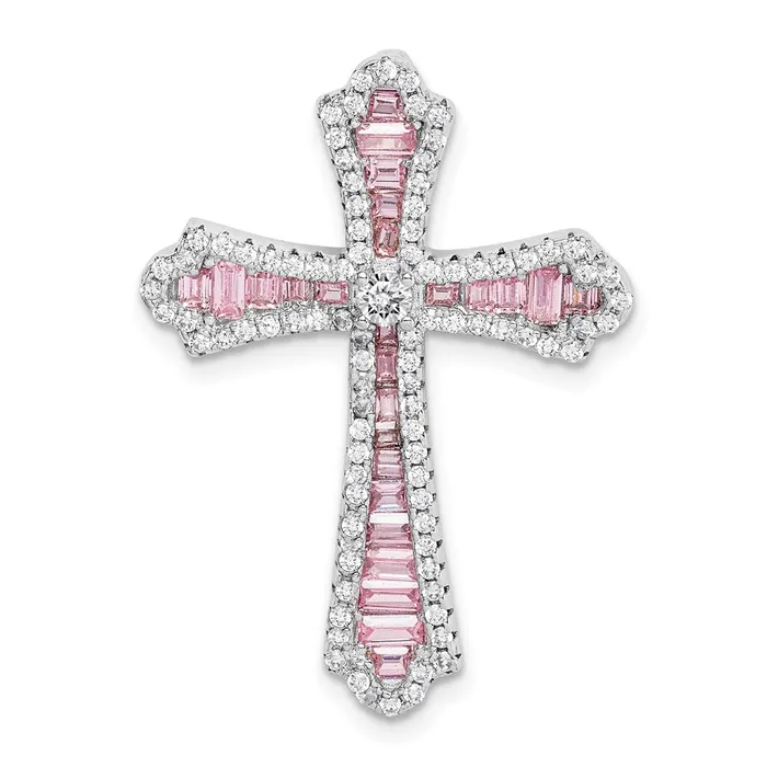 TreasureFineJewelers Sterling Silver Rhodium Plated Pink and White CZ Cross Slide Pendant Necklaces TreasureFineJewelers Sterling Silver Rhodium Plated Pink and White CZ Cross Slide Pendant Necklaces