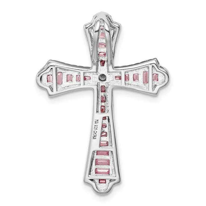 TreasureFineJewelers Sterling Silver Rhodium Plated Pink and White CZ Cross Slide Pendant Necklaces